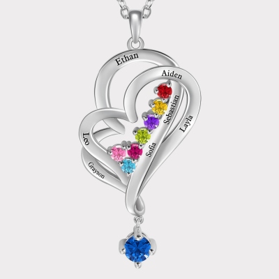 Custom 7 Birthstones & Names Double Love Heart Necklace