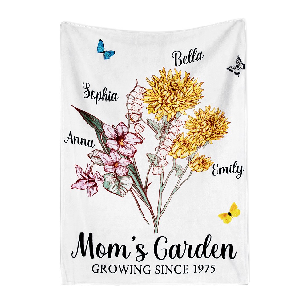 Coperta da giardino personalizzata per la mamma con nome e fiore di nascita, coperta floreale da giardino, regalo di compleanno/festa della mamma per mamma/nonna di bambini/nipoti