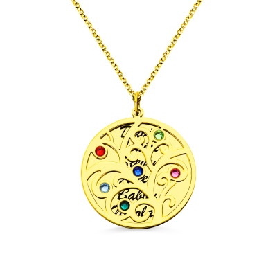 18k Gold Birthstone Name Family Tree Necklace