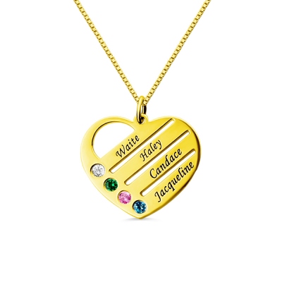18k Gold Plated Mothers Birthstone Heart Necklace Engraved Names