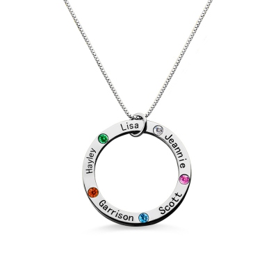 Silver Circle Family Necklace with 5 Names & Birthstones