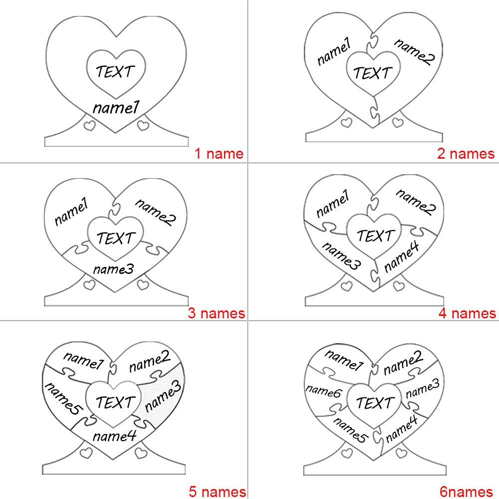 Puzzle Familial Personnalisé 1 à 12 Pièces avec des Noms pour Être un Cœur