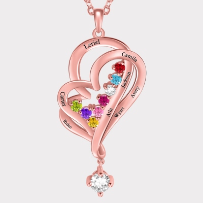 Custom 8 Birthstones & Names Double Love Heart Necklace
