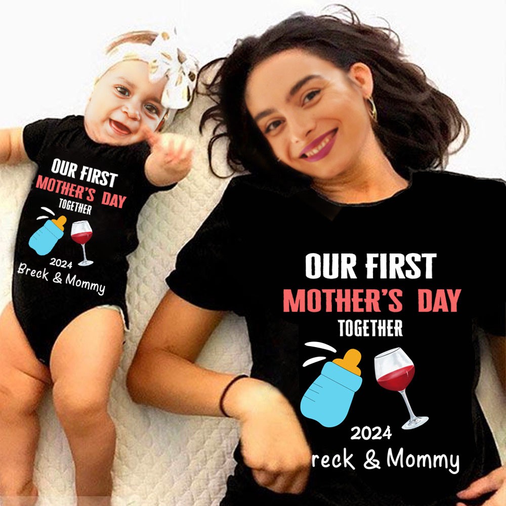 Notre premier ensemble maman et bébé pour la fête des mères, T-shirt personnalisé animaux/motif Babysuit&amp;Mommy, T-shirt personnalisé et BabyRomper, cadeau de nouvelle maman
