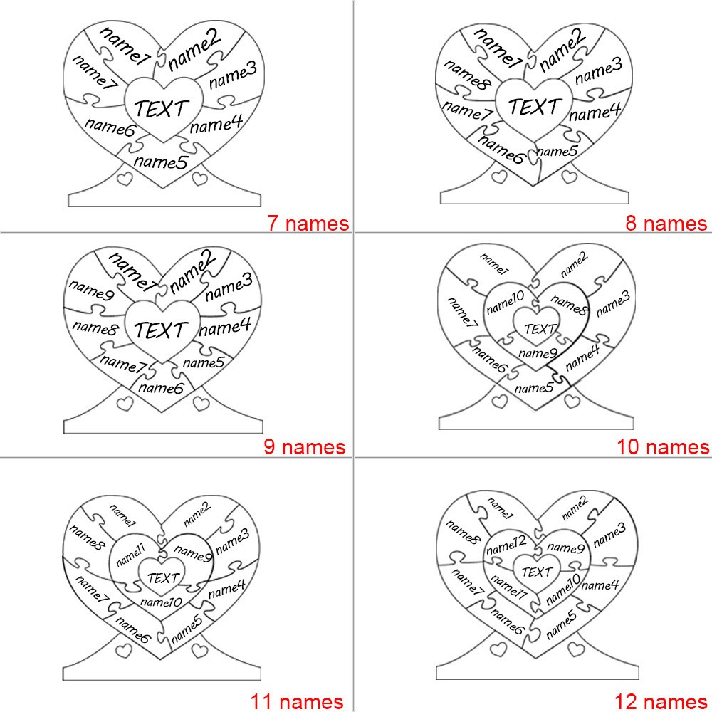Benutzerdefiniertes Familienpuzzle 1 bis 12 Teile mit Namen, um ein Herz zu sein