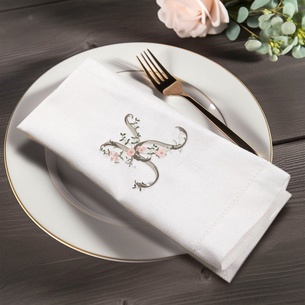 Serviette de table en lin brodée de lettres florales
