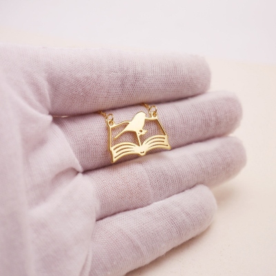 Bird on Book Necklace, Sterling Silver 925 Open Book Necklace, Custom Letter Minimalist Necklace, Christmas/Birthday Gift for Book Lovers/Bookworms
