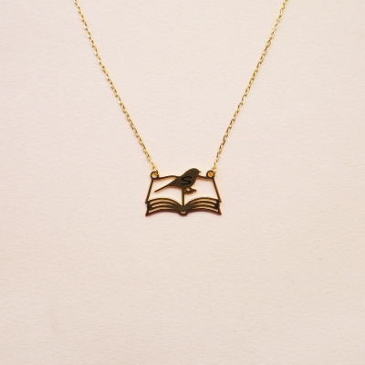 Bird on Book Necklace, Sterling Silver 925 Open Book Necklace, Custom Letter Minimalist Necklace, Christmas/Birthday Gift for Book Lovers/Bookworms