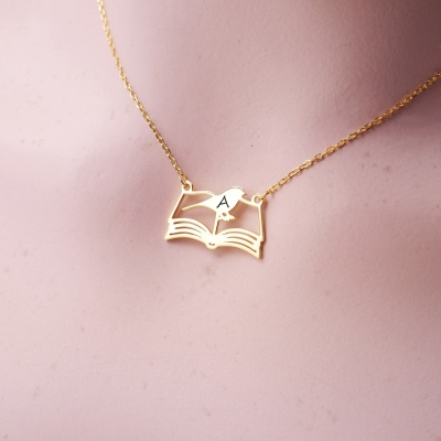 Bird on Book Necklace, Sterling Silver 925 Open Book Necklace, Custom Letter Minimalist Necklace, Christmas/Birthday Gift for Book Lovers/Bookworms