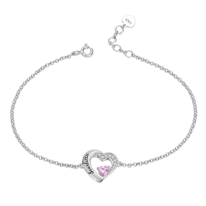 Customized Heart Birthstone Silver Bracelet