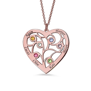 Collana albero genealogico cuore argento placcato in oro rosa incisa con nome e pietre preziose