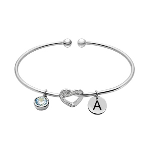 Bracelet Coeur d'Amour-1 Pierre de Naissance et 1 Lettre-Argent