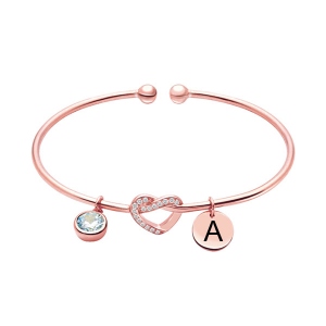 Engraved Heart Bangle with Birthstone in Rose Gold