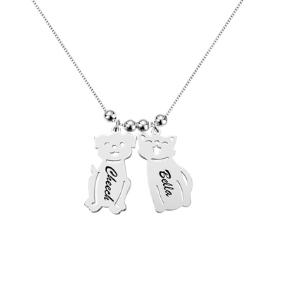 Engraved Kids and Cat and Dog Charm Necklace in Silver