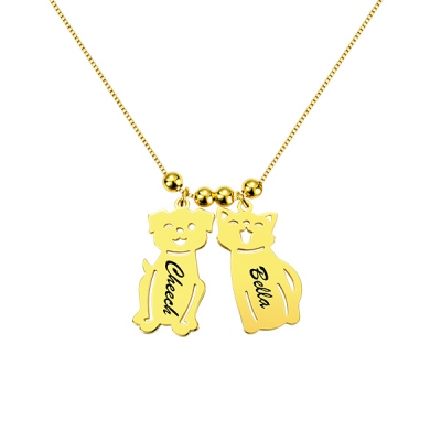 Customized Kids and Cat and Dog Charm Necklace In Gold