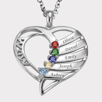 Personalized 5 Names and 5 Birthstones Family Necklace for Mother
