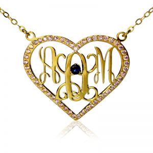 Birthstone Heart Monogram Initials Necklace 18K Gold Plated