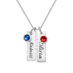 Personalize Hammered Bar Necklace with Birthstones Pure Silver