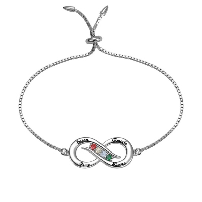 Personalized Infinity 4 names Bracelet with Birthstones in Silver