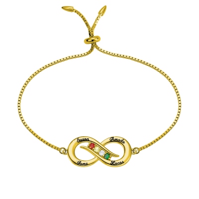 Personligt Infinity 4 namn armband med födelsestenar i guld