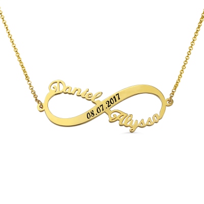 Custom 2 Names Infinity Necklace with Date in Gold