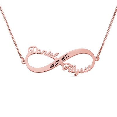 Custom 2 Names Infinity Necklace with Date in Rose Gold