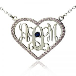 Heart Birthstone Women's Monogram Necklace Sterling Silver