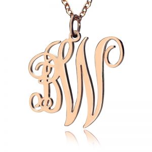 Personalized Vine Font 2 Initial Monogram Necklace Solid Rose Gold