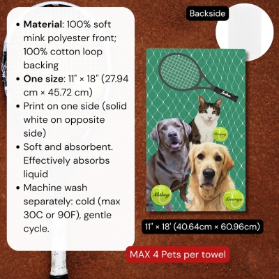 Personalized Pet Photo and Name Tennis Towel, Custom Cat Dog Portrait Tennis Rag, Tennis Gear Stuff Accessories, Gift for Him/Tennis Lovers/Pet Lovers