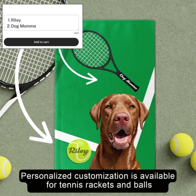 Personalized Pet Photo and Name Tennis Towel, Custom Cat Dog Portrait Tennis Rag, Tennis Gear Stuff Accessories, Gift for Him/Tennis Lovers/Pet Lovers