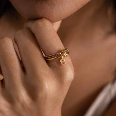 Birthstone Double Ring Set, Custom Stacking Rings with Pave Initial, Gemstone Jewelry, Custom Gemstone Ring for Women, Birthday/Christmas Gift for Her