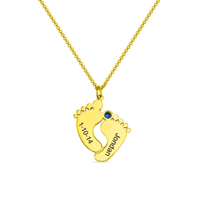 Birthstone Baby Feet Charms Necklace with Date & Name Gold