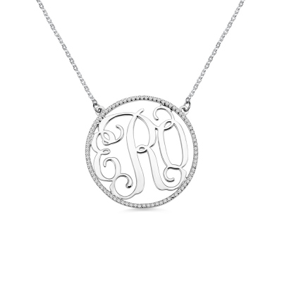 Customized Birthstone Circle Monogram Necklace Sterling Silver
