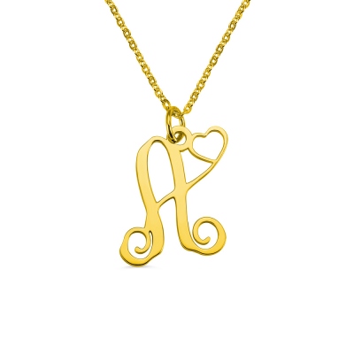 Single Letter Monogram With Heart Necklace Gold Plated