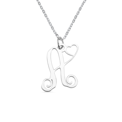 One Initial Monogram Necklace With Heart Silver