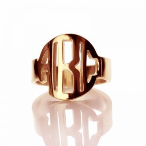 Personalized Circle Block Monogram 3 Initials Ring Solid Rose Gold