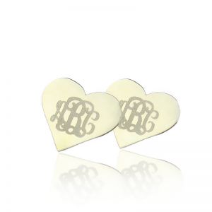 Heart Monogram Earrings Studs Custom Solid White Gold
