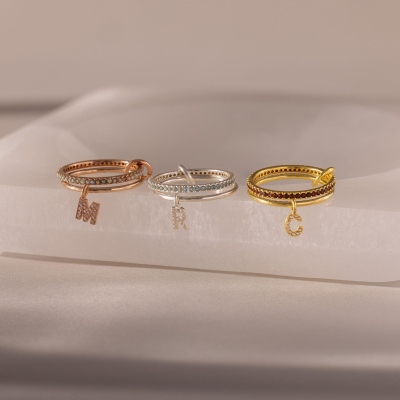 Birthstone Double Ring Set, Custom Stacking Rings with Pave Initial, Gemstone Jewelry, Custom Gemstone Ring for Women, Birthday/Christmas Gift for Her