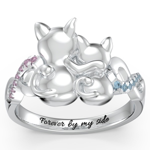 Personalized Couple Cats Ring with Birthstone in Silver