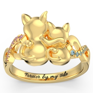 Personalized Couple Cats Ring with Birthstone in Gold