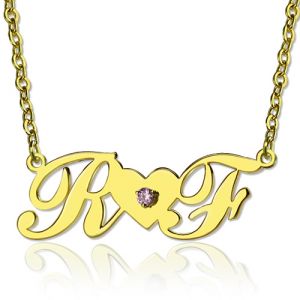 18K Gold Plated Two Initials Birthstone Heart Necklace