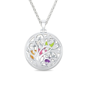 Round Cage Family Tree Birthstone Necklace Platinum Plated