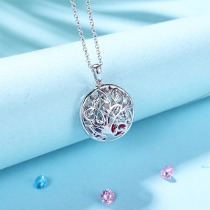 Round Cage Platinum-Plated Family Tree Birthstone Necklace