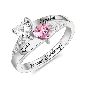 Personalized Engraved Double Heart Birthstone Promise Ring with Rose Ring Box