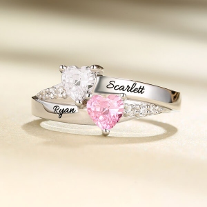 Personalized Engraved Double Heart Birthstone Ring with Rose Ring Box