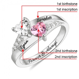 Engraved Dual Heart Birthstone Silver Ring