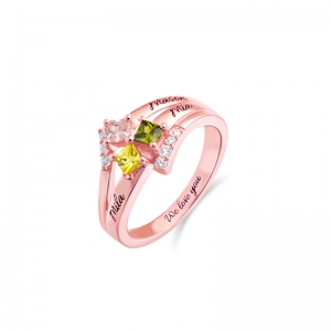 Engraved Mother's Princess-Cut Birthstone Ring Rose Gold