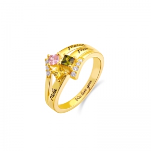 Engraved Mother's Princess-Cut Birthstone Ring Gold