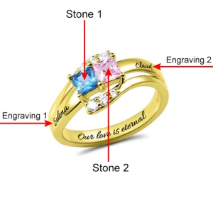 Custom Names Engraved Two Birthstones Ring Gold Plated