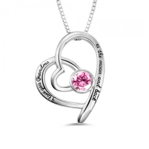 Engraved Birthstone Heart Necklace For Grandma Sterling Silver
